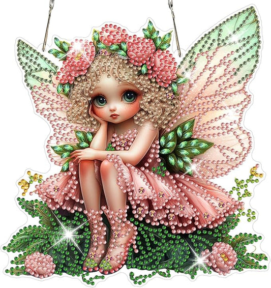 NAIMOER Diamond Art Hanging Kits for Adults Flower Fairy 5D Special Shaped Rhinestone, DIY Acrylic Diamond Art Painting Window Pendants Home Garden Wall Hanging Ornament Kits, Double Sided