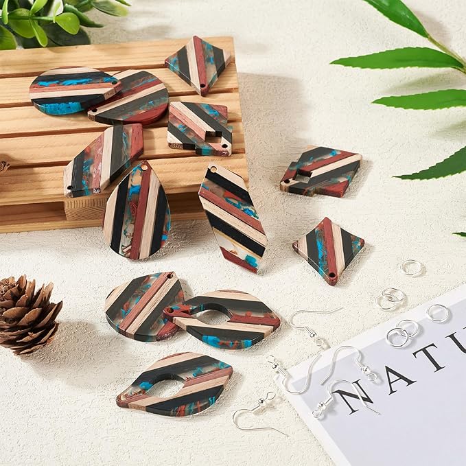 Beadthoven 52pcs Boho Wood Women Earring Making Kit, Striped Resin Earrings Charms Pendants Natural Wood Cutouts Pieces Wooden Earring Blanks with Earrings Hooks for DIY Jewelry Making Crafts