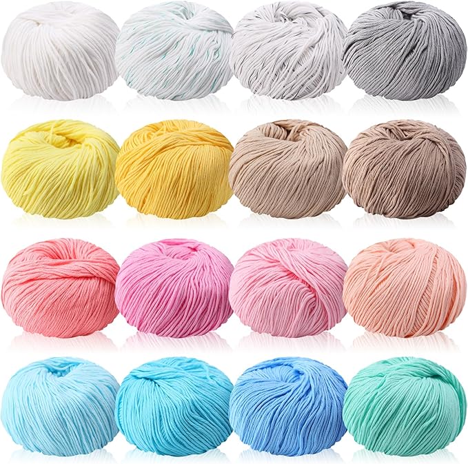 16 Skeins Cotton Yarn for Crocheting Knitting Soft Fine Clothes Cotton Blankets Yarn Bulk Assorted Colors for DIY Craft, Each 50g/185yard, 16 Colors(Stylish Colors)