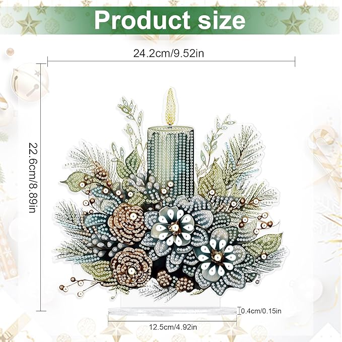 MVVMTOP Christmas Diamond Painting Kits Tabletop Decoration, DIY Candle & Flower, 5D Diamond Art Home Ornament By Number Mosaic Arts Crafts for Home Office Acrylic Tabletop Decor, New Year Gift