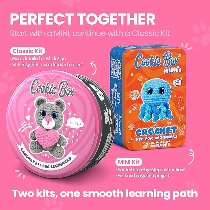 Cookie Box Original Crochet Kit for Beginners – Gift Set to Make Bear Ted Amigurumi Plushie – Easy DIY Crochet & Knitting Starter Kit with Video and PDF Tutorials