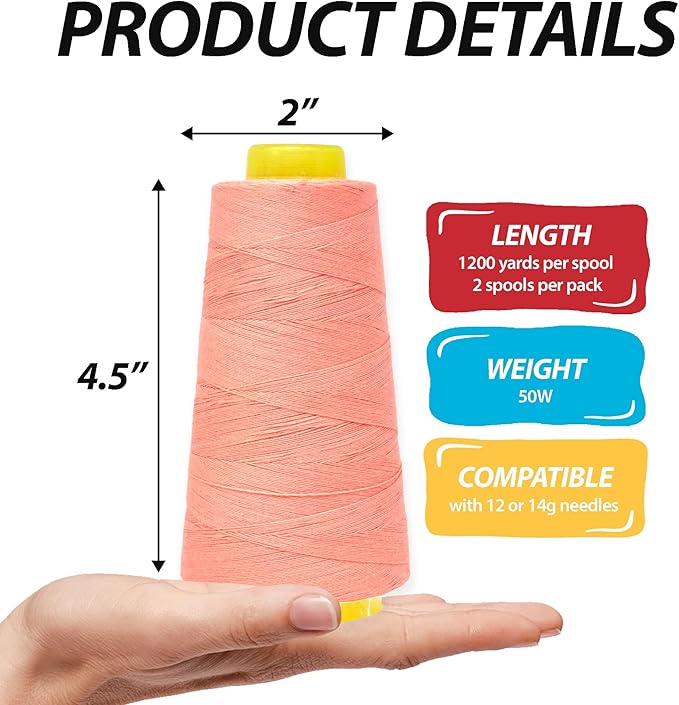 Mandala Crafts Blush Thread Cones for Machine and Hand Quilting - 2400 Yds 50 WT Multiple Purpose Mercerized 100% Cotton Threads for Sewing Machine Serger Embroidery