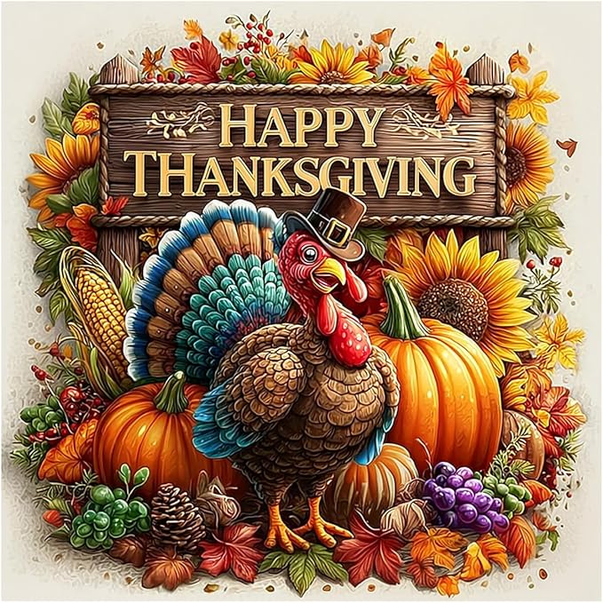 DIYDECORFUN Thanksgiving Turkey Diamond Painting Kits for Adults, 5D Fall Diamond Art Kits for Beginners, Full Round Drill Diamond Dot Painting Gem Art Kits,Home Wall Decor 13.8x13.8 Inch