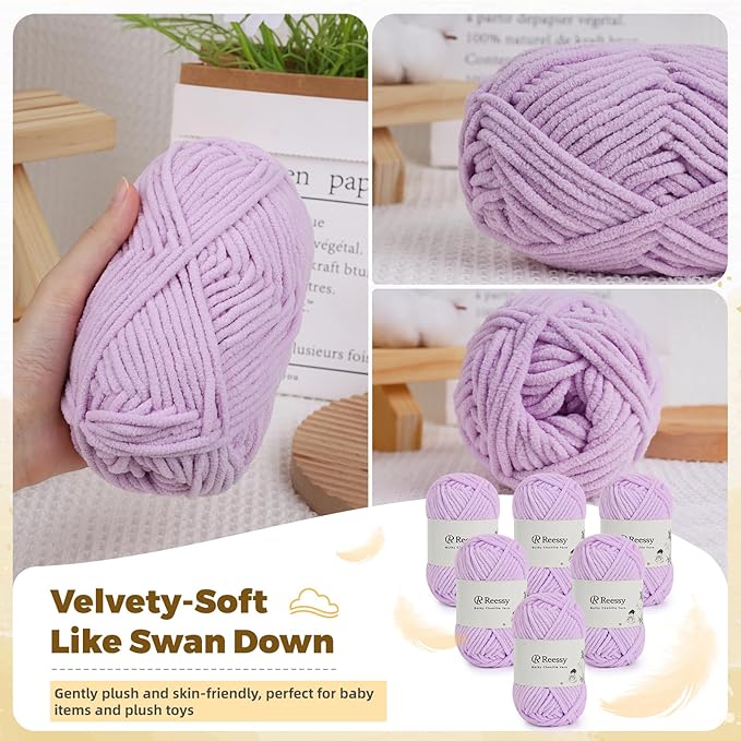 Bulky Chenille Yarn for Crocheting – 6 Pack of 50g/1.76oz Skeins, Pure Polyester, CYC #5 Bulky Weight – Ultra Soft Chenille Yarn Pack for Crafting Plush Toys, Blankets, Scarves(Lavender Mist)