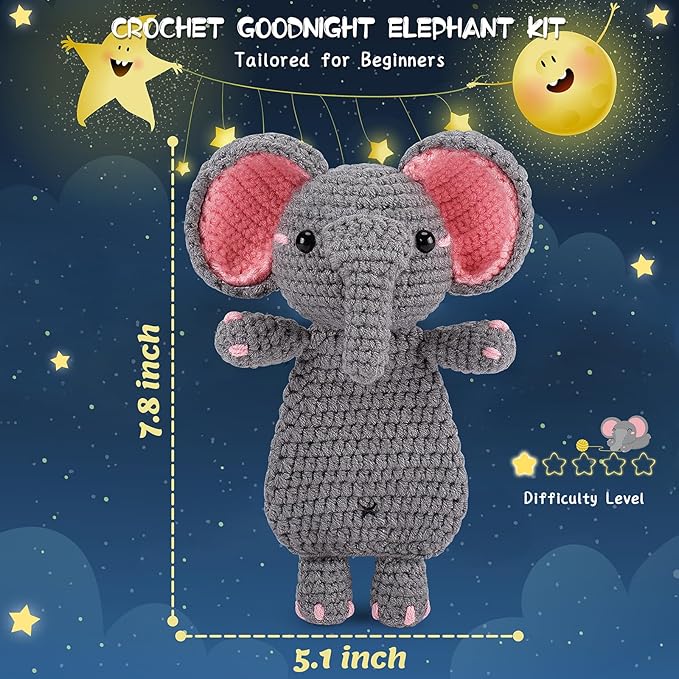 Fortuning's JDS Crochet Kit for Beginners - Elephant Crochet Kits with Step-by-Step Video Tutorials, Beginner Crochet Kit for Adults, Crochet Animal Kit, Goodnight Elephant Crocheting Set (Grey)