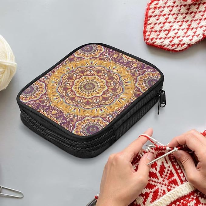 Hechitok Mandala Orange Crochet Hook Case Without Hooks and Accessories Zipper Storage Organizer Bag with Web Pockets for Various Crochet Needles Accessories Crochet Hook Kit Tools