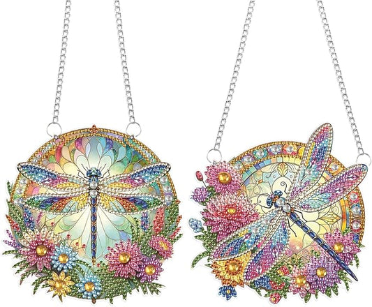 2 Pack 5D DIY Diamond Painting Pendants – Dragonfly & Flower Hanging Ornaments, Irregular Diamonds, Acrylic Wall & Window Decor, Handmade Gift Craft Kits