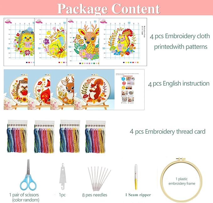 Zhenqing Autumn Animals Cross Stitch Kit - 4-Piece Set with Pre-Printed 11CT 24x24cm Fabric, Hoop & Tools, Fall Theme Animal Designs for Beginners (70412)