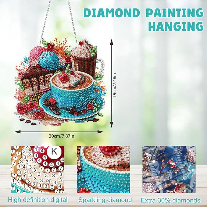 MAXBYE Coffee and Cake Diamond Art Painting Kits for Adults Beginners Hanging Pendent, DIY 5D Special Shaped Crystal Diamond Painting Kits Ornament for Gift Home Wall Door Decor 8×8 Inch