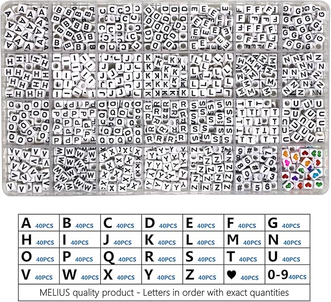 MELIUS Acrylic Square Letter Beads, 1120Pcs 6x6mm in Alphabetical Order A-Z with Numbers Colorful Hearts Cube Beads for Jewelry Making, DIY Necklaces, Key Chains, Bracelets