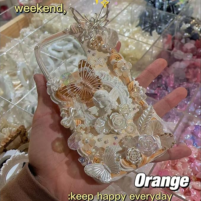 Baroque Pearl Beads for Junk Case Charms Kit,Assorted Aesthetic Y2K Beads with Holes, Vintage Relief Flower Bow Angel Charms for DIY Phone Charms, Bracelet Jewelry Making Decor Supplies, White & Gold