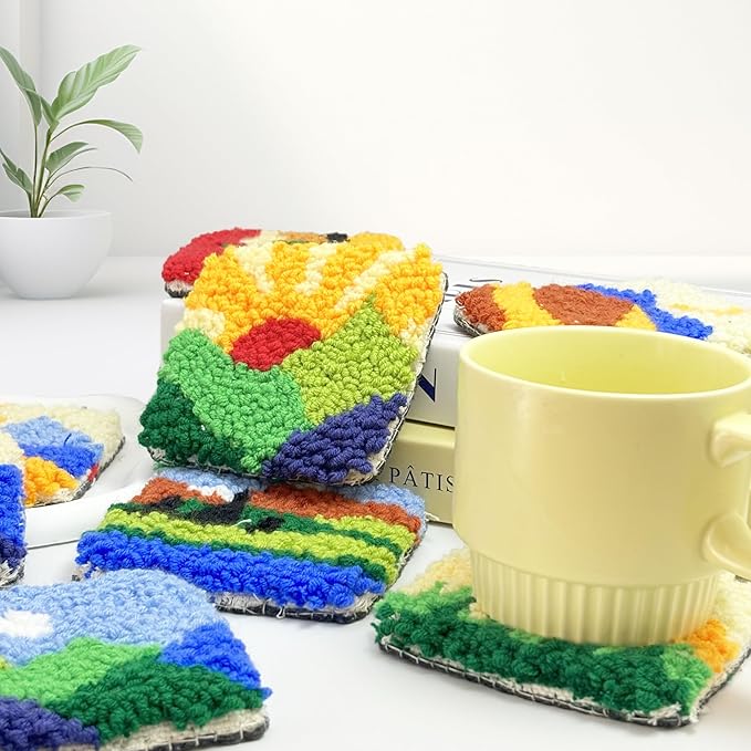 SEREDH Punch Needle Coasters Kit for Beginners Adults Easy Needle Punch Embroidery Tool Set DIY Making Kit Supplies, 8 Pattern Landscape Art Crafts Gifts