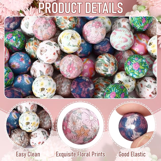 Ferreve 60 Pcs 15mm Silicone Beads Bulk Spring Ditsy Floral Print Round Focal Beads Rubber DIY Silicone Loose Bead for Bracelet Making Kit for Keychain Pens Necklace Bracelets Jewelry Making