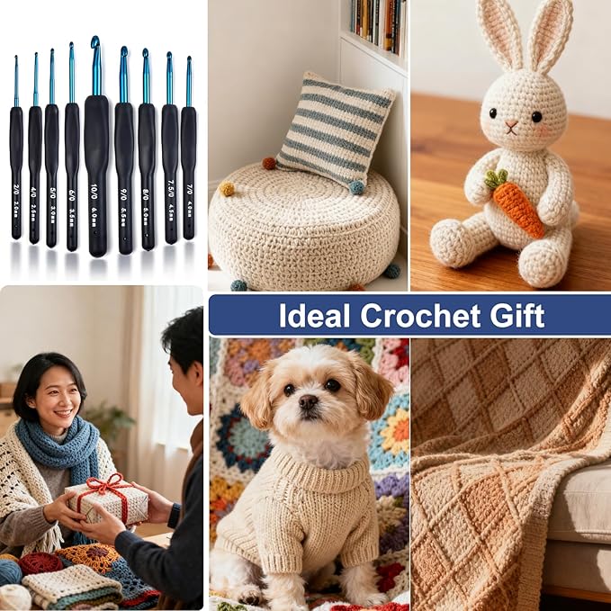 9 Sizes Crochet Hook Set,2mm-6mm Aluminum Crochet Kit for Beginners,Yarn Ergonomic Crochet Needles with Soft Grips for Arthritic Hands,Crochet Set with Small Tools,Ideal Crocheting Supplies,Dark Blue