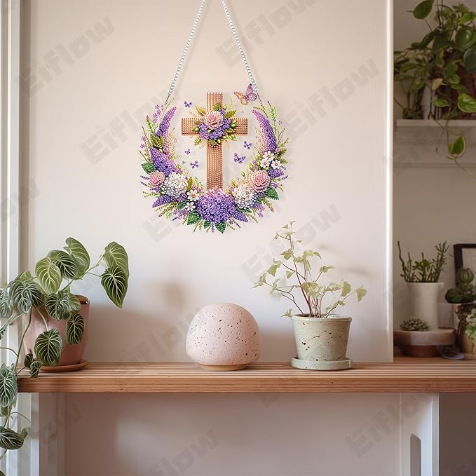 Eiflow Acrylic Diamond Art Hanging Kit for Adults, DIY Diamonds Painting Door Hanging Board Kit, Special Crystal Diamond Art Painting Pendant Ornament (Cross)