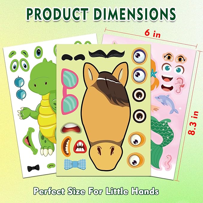 aowplc 36 pcs make-a-face sticker sheets kids party favors mix and match stickers with dinosaurs, mermaids, unicorns, horses, farm & sea animals for parties, birthdays, classroom activities & crafts