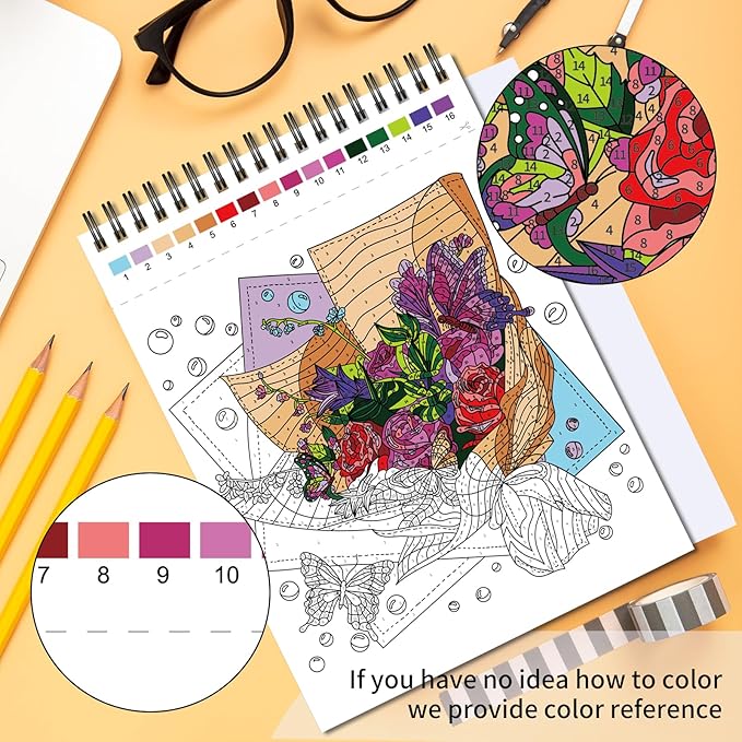 Jadeso Color by Number Adult Coloring Book, 30 Pages of Beautiful Flowers Patterns, Spiral Bound Color by Numbers for Adults Relaxation, Stress-Free Coloring by Numbers, Thick Smooth Paper