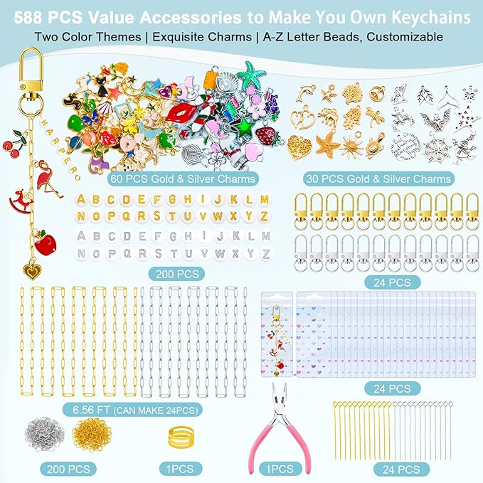 HejVulkan 588 PCS Keychain Making Kit with Charms, Gold and Silver Keychain DIY Kit with Jewelry Chains, Charms, Key Chain Clips, Letter Beads, for Key Chain Making Supplies DIY Crafts