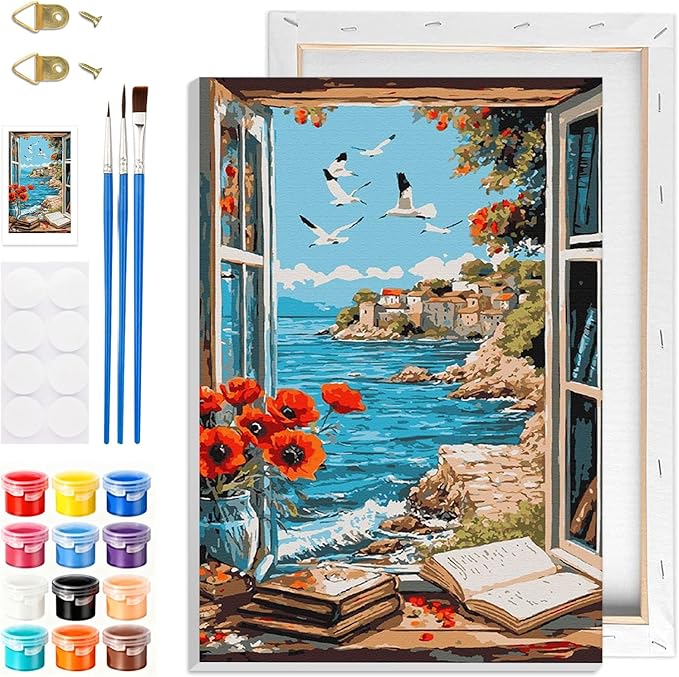 GHHKUD Landscape Paint by Numbers Kits with Frame for Adults Beginners, DIY Seaside Paint by Numbers for Kids, Painting Art on Canvas Gifts Home Wall Decor 20x30cm