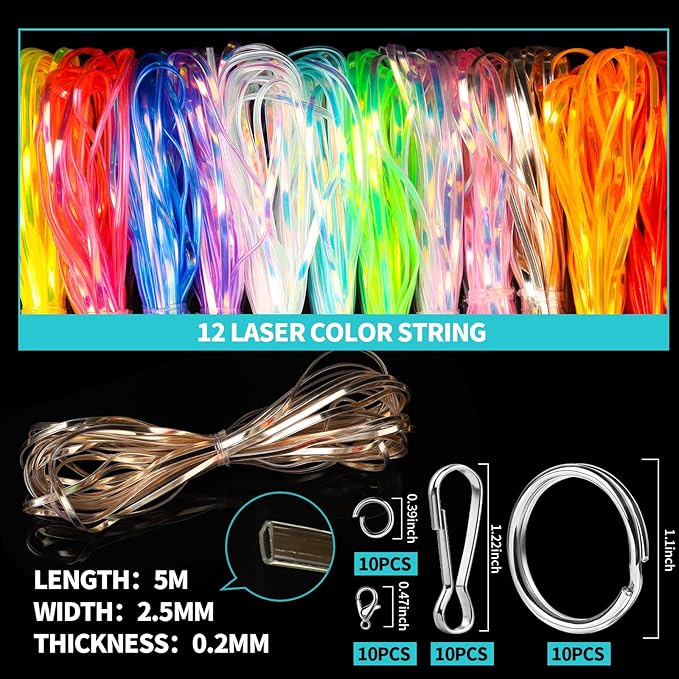Fandamei Lanyard String Kit, 12 Laser Colors Plastic Lacing Cord, Glossy Laser Color, Lanyard String for Crafts, Bracelets and Jewelry Making Weaving Kit, Plastic for Bracelets