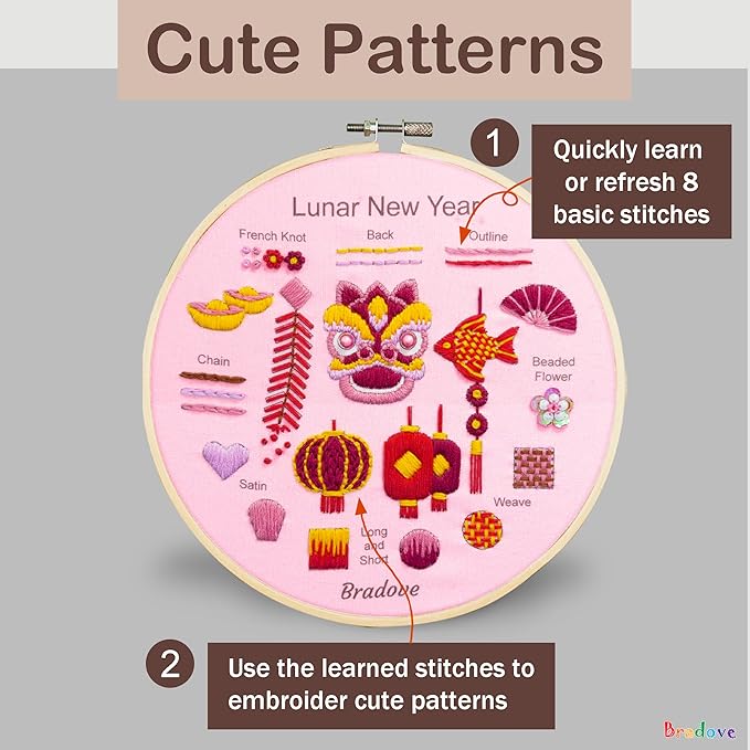 bradove lunar new year beginners embroidery kit for adults kids, learn to embroider oriental patterns, stitches kit, bead embroidery kit, beginner embroidery practice