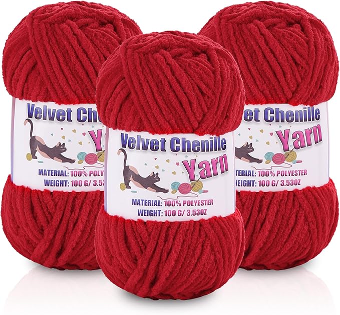 3 * 100g/3.5oz Fluffy Chenille Yarn for Crocheting, Chunky Velvet Yarn for Crochet Amigurumi, Used for Making Baby Yarns Blanket, Clothes, Pattern Knitting Creations (Red)