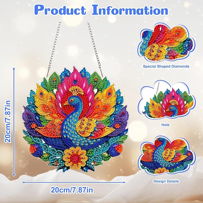 AIRDEA Hanging Diamond Painting Kits Peacock,Special Shaped Diamond Art Kits for Beginner Animals and Flowers Gem Art Pendant Decor,7.87x7.87in