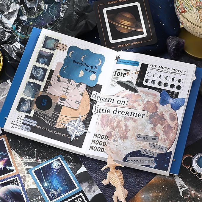Scrapbook Kit Junk Journal Supplies with A6 Grid Notebook,154 Pieces Space Stationery Set with Cosmic Stickers and Paper for Women Teens, Blue Celestial Theme
