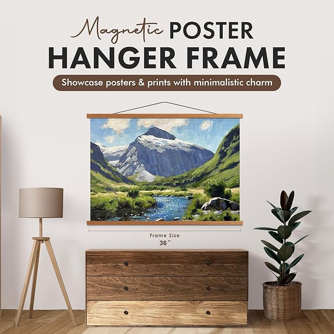Travelization Magnetic Poster Hanger 36” Poster Frame with Strong Magnets, Complete Hanging Kit for Posters, Art, Maps, and More, Fits 36x24, 36x40, and 36x48, Teak Wood