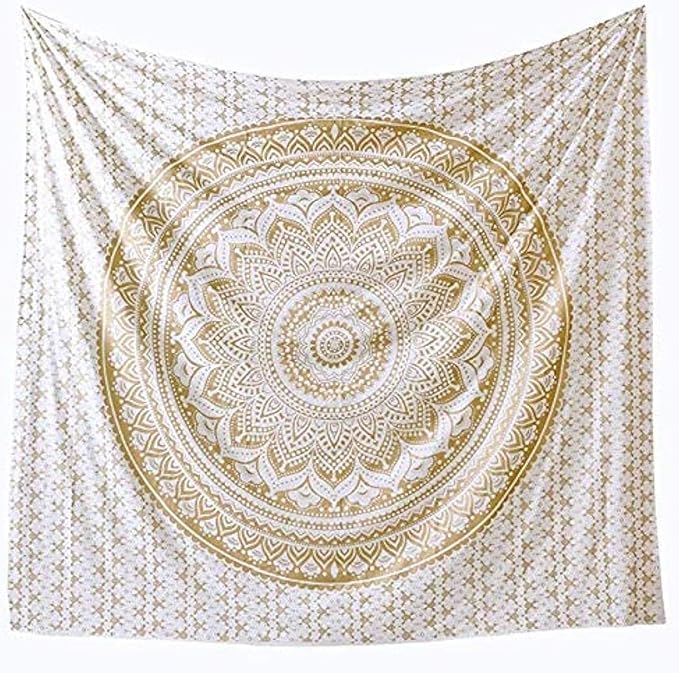 popular handicrafts tapestry wall hanging ombre hippie mandala bohemian hippy metallic shine intricate indian tapestries bedspread 90 x 108 inches (230cm x 270cm) gold