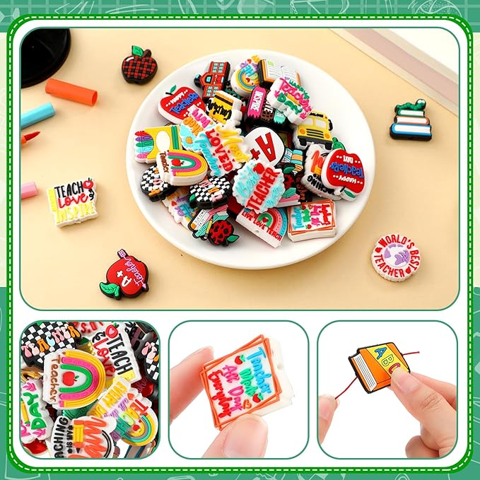 VioraWhite 48 Pcs Silicone Focal Beads for Pens Series Silicone Beads Charm Keychain Kit Lanyard Making Kit for Bracelet Necklace Jewelry Handmade Crafts Decoration (48 Pcs,Teacher Theme)