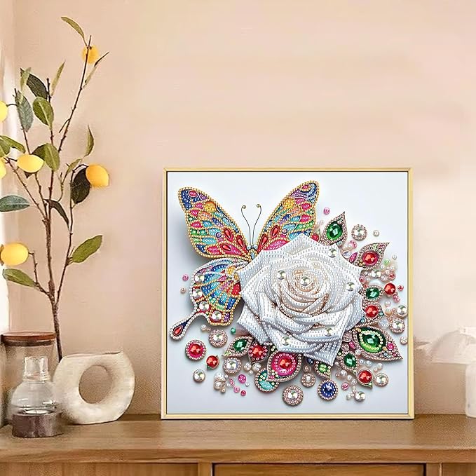 5D Special Shape Diamond Art Kits for Beginners, Diamond Painting Kits for Adults, Crystal Rhinestones Diamond Painting for Home Wall Decoration Gift 12×12 inch/30×30 cm, Butterfly and White Rose