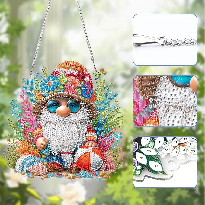 Lxmsja DIY Cute Little Gnome Diamond Painting Hanging Ornament, Double-Sided Acrylic Beach Seashells Diamond Art Kit, Special Shaped Suncatcher Hanging Pendant Window Art Kit