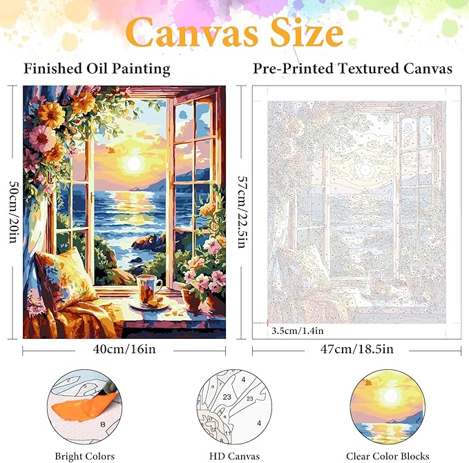 Paint by Numbers Kit for Adults Beginner Window Landscape, Adult Paint by Number Kits on Canvas, Seascape DIY Acrylic Oil Painting by Numbers for Adults, Perfect for Home Wall Decor 16X20 Inch