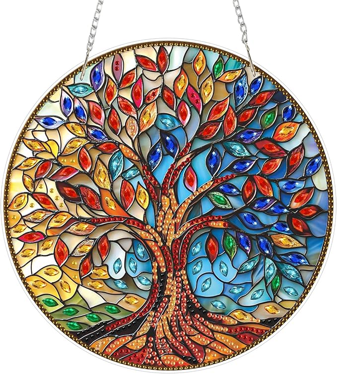 Lxmsja DIY Stained Glass Tree of Life Diamond Painting Hanging Ornament, Double-Sided Acrylic Colorful Leaves Diamond Art Kit, Special Shaped Suncatcher Hanging Pendant Window Art Kit