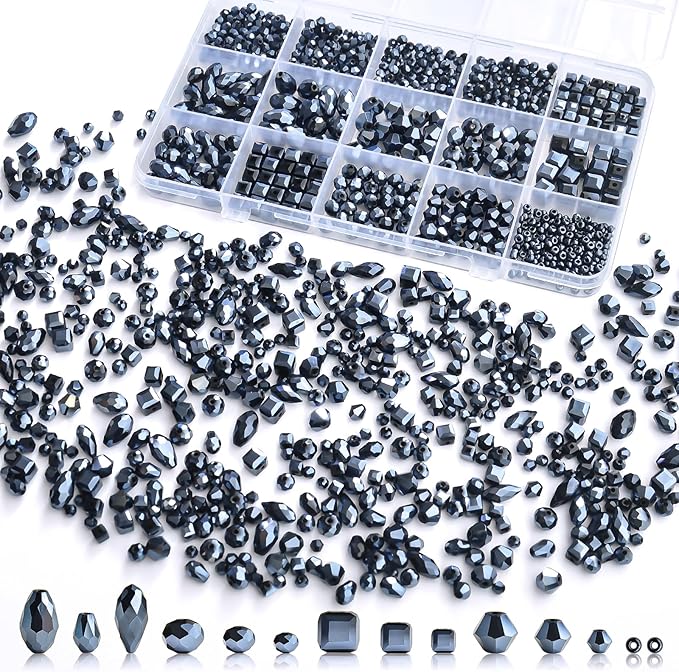 1500 Pcs Crystal Glass Beads for Jewelry Making – 12 Styles Bicone, Rondelle, Cube, Teardrop & 3mm Spacer Beads, DIY Bracelet Necklace Earring Craft Kit with Organizer Box(Vavy Blue)
