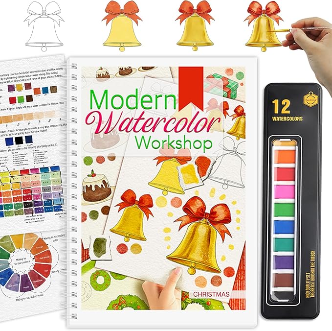 Watercolor Workbook, Watercolor Workbook Paint Book Beginner Friendly with 12 Patterns, Beginner-Friendly Watercolor Workbooks with 12 Paint Colors & Brush, Water Color Paint Set, Valentine's Day Gift