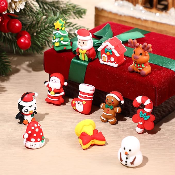 12 Pcs Christmas 3D Silicone Focal Beads for Pens Xmas Character Beads Bulk Funny Snowman Tree Gingerbread Santa Claus for Keychain DIY Crafts Necklace Bracelet Lanyards Making Kit Supplies