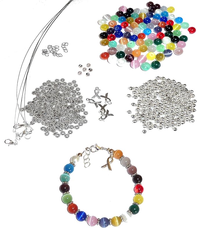 DIY Craft Beading Kit, Everything to Make Cancer Awareness Bracelets, Uses Wire, Crimps and Clasps, Fundraising and Gifts (Multi Colored All Cancers 8mm Beads - Makes 5)