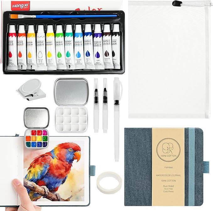 Vienrose Mini Portable Watercolor Palette Set for Travel & Outdoor Painting with 5.5" x 5.5" Linen Cover Watercolor Sketchbook, 12-Color Watercolor Paints, 3 Pens, Artist Tape & Storage Bag