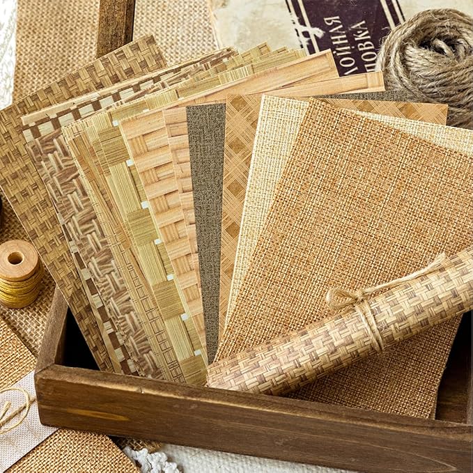 24 Sheets Vintage Linen Scrapbook Paper Embossed Textured Paper Kit Collage Supplies for Decoupage Crafts Scrapbooking Card Making Bulletin Board Junk Journalling Embellishment (Brown)