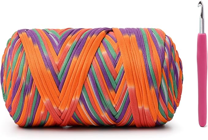 Elastic Fabric T Shirt Yarn for Crocheting，Beginner Crochet Yarns with Polyester Spandex Blend,Total 400g/114yds Soft Tshirt Yarn for Crochet Crafts/Bags/Baskets（Vibrant Orange）