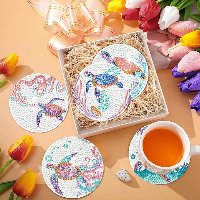 EWJRNSF 10 PCS Diamond Art Coasters Kit, Small Diamond Painting Coasters, Fall Diamond Art Kits for Adults Beginners, Arts and Crafts Supplies Item Sets with Holder Ocean