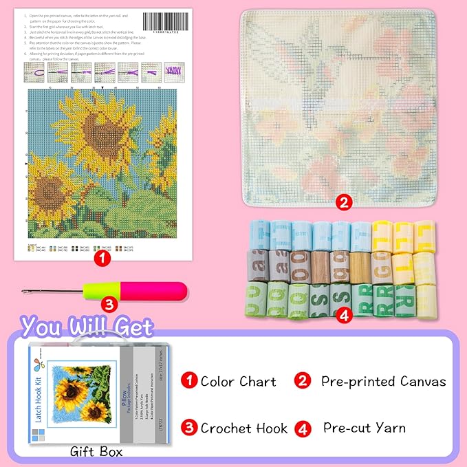 LAPATAIN Latch Hook Kits for DIY Throw Pillow Cover,Sunflower Needlework Cushion Cover Hand Craft Crochet for Great Family 17x17inch