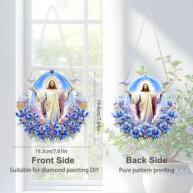 TOSTOG Diamond Art Hanging Kits for Adults, 5D Jesus Diamond Paintings for Adults Window Pendant, Special Shape Diamonds DIY Jesus Diamond Paintings Hanging Pendant Kit for Wall Decor Gift