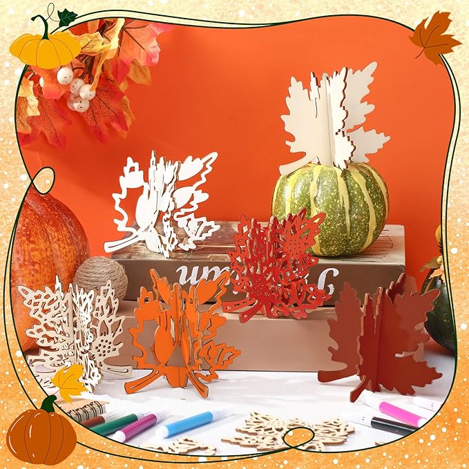 Blosssound 48 Pcs Fall Craft Set 36 Wood Maple Leaf Crafts 3D Maple Leaf Cutouts with 12 Colored Markers Wooden Unfinished Slices to Paint for Thanksgiving Autumn DIY Handmade Tiered Tray Table Decor