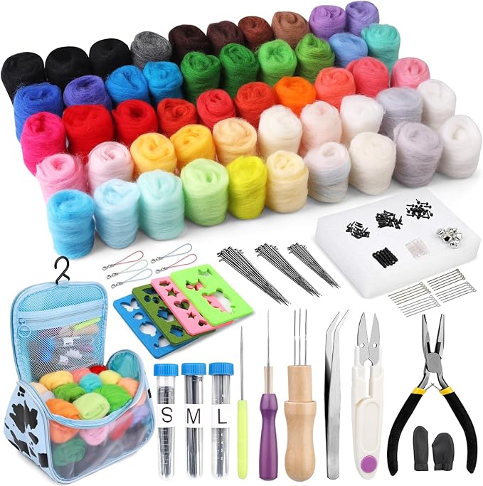JUPEAN 228 Pcs Needle Felting Kit Wool Felting Tools for Beginner 50 Colors Wool Roving Starter Felting Kit with Felting Needles Foam Mat Needle Felting Supplies Storage Bag for DIY Craft Making