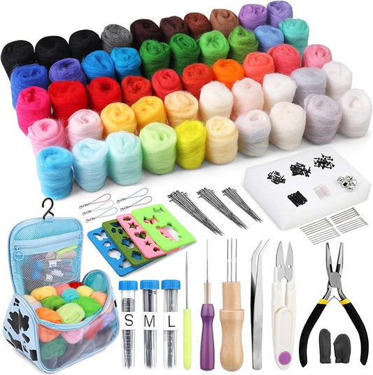 JUPEAN 228 Pcs Needle Felting Kit Wool Felting Tools for Beginner 50 Colors Wool Roving Starter Felting Kit with Felting Needles Foam Mat Needle Felting Supplies Storage Bag for DIY Craft Making