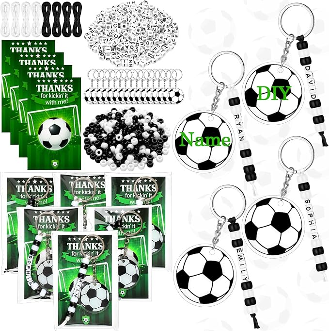 Suncalla 984 Pcs 24 Set Soccer Keychain Making Kit DIY Soccer Bag Tag Sport Key Chain Crafts Adjustable Letter Beads Cards Strings Kit Team Gift Backpack Accessories Party Favors(White Black)