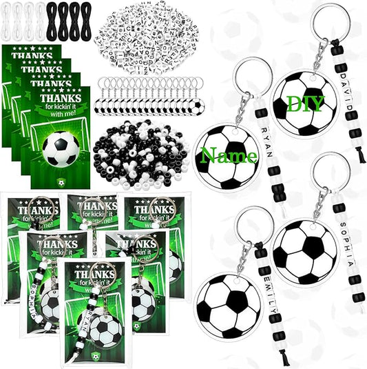 Suncalla 984 Pcs 24 Set Soccer Keychain Making Kit DIY Soccer Bag Tag Sport Key Chain Crafts Adjustable Letter Beads Cards Strings Kit Team Gift Backpack Accessories Party Favors(White Black)